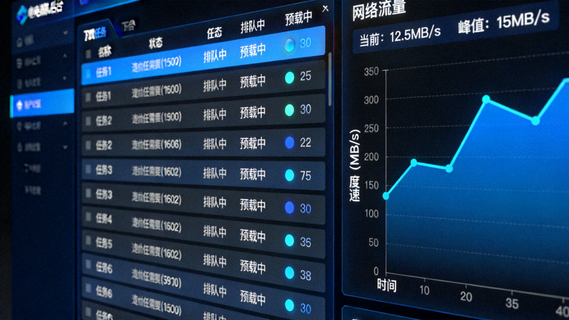 电脑后台显示多个下载任务正在排队和预载，网络流量图显示高效利用