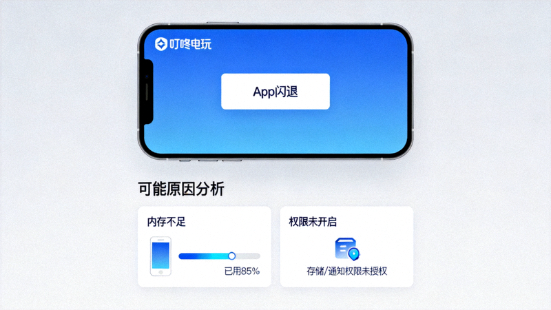 手机屏幕上叮咚电玩App闪退瞬间的截图，下方列出了可能的内存和权限原因分析图