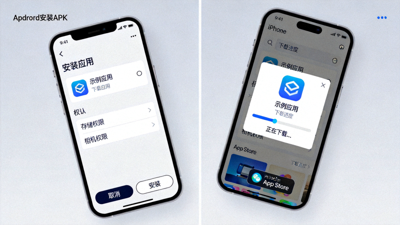 并排对比安卓手机安装APK的确认界面和iPhone上App Store的下载进度界面