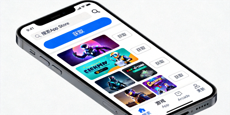 iPhone手机App Store界面截图，展示搜索和下载按钮位置